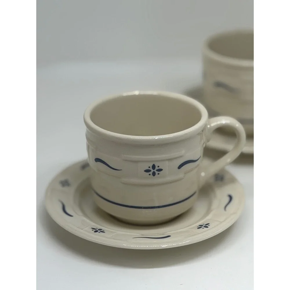 Longaberger Pottery Woven Traditions Tea Cup Saucer Heritage Blue Set‎ of 2 VTG